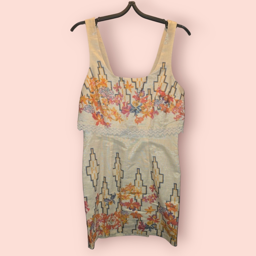 Free People Cream Floral Mini Dress with Orange and Pink Accents